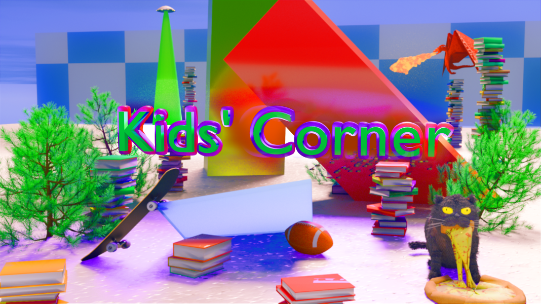 South Routt Kids Corner | Picture of cartoon cat eating pizza in a vaporwave forest with title